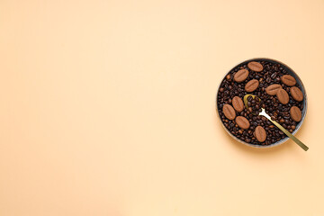 Concept of tasty snack for hot drink - cookies in the shape of coffee seeds