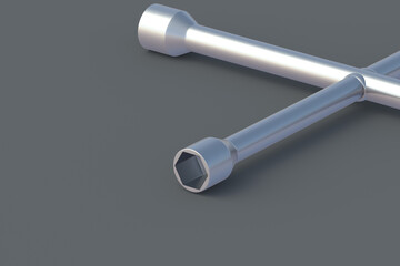 Cross wheel wrench on gray background. Car instrument. Automobile tire fitting. Copy space. 3d render
