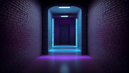 Fototapeta premium Realistic 3d_neon podium brick wall dark blue abstrac with AI generative Image