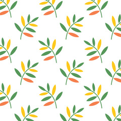 Seamless pattern with leaves in a geometric style for printing on packaging and textiles. Multi-colored leaves swirl and fall. Background with repeating elements.