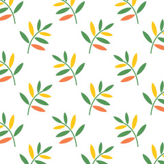 Obraz premium Seamless pattern with leaves in a geometric style for printing on packaging and textiles. Multi-colored leaves swirl and fall. Background with repeating elements.