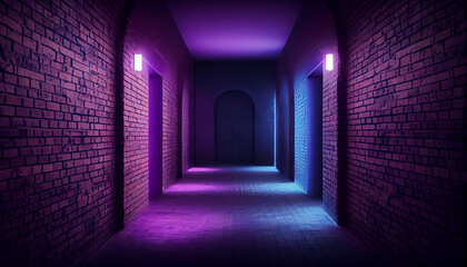 Realistic 3d_neon podium brick wall dark blue abstrac with  AI generative Image