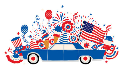 Independence day holiday party USA composition wreath car balloon  