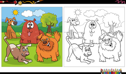 funny comic dogs characters group in the park coloring page