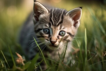 Obraz premium kitten with blue eyes in grass, kitten on a green lawn