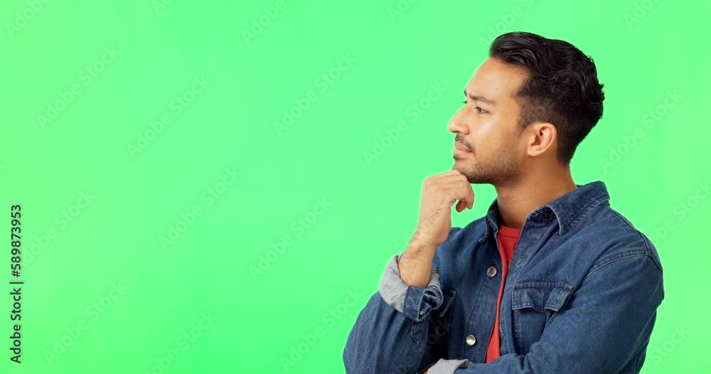 Poster thinking, idea and man in green screen studio unsure, pensive and confused on mockup background. dou