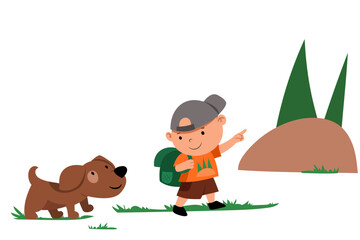 A boy with a puppy and a backpack go hiking up the mountain in the forest. The boy is talking to the dog, showing the direction with his hand.
