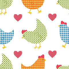 Vector seamless pattern with checkered chickens characters in vintage style for Easter design. Digital print with checkered chickens in cartoon style for textile and fabric design