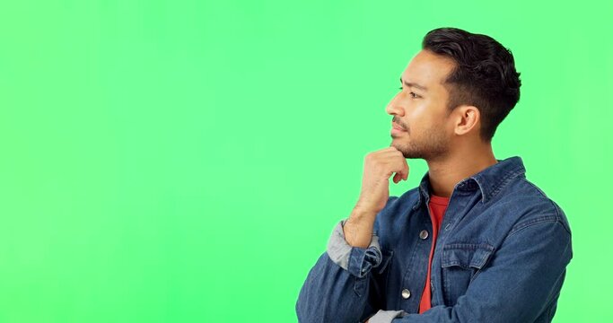 Thinking, idea and man in green screen studio unsure, pensive and confused on mockup background. Doubt, face and puzzled asian guy with decision, choice or isolated problem solving emoji
