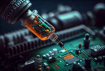A robotic arm dispensing glue onto a printed circuit board using a syringe. Generative AI - obrazy, fototapety, plakaty