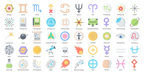 Astrology Flat Icons Astronomy Aries Aquarius Icon Set in Color Style 50 Vector Icons