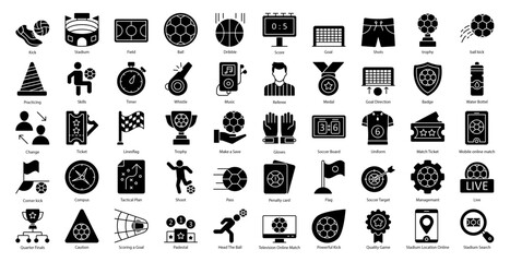 Soccer Glyph Icons Football Sport Sports Icon Set in Glyph Style 50 Vector Icons in Black