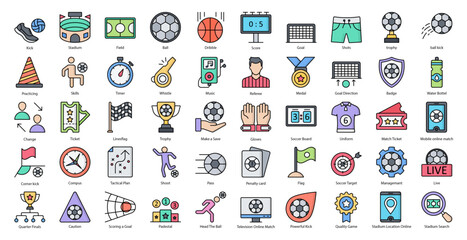 Fototapeta premium Soccer Color Line Icons Football Sport Sports Icon Set in Filled Outline Style 50 Vector Icons