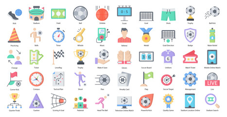 Soccer Flat Icons Football Sport Sports Icon Set in Color Style 50 Vector Icons