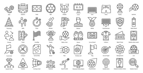 Soccer Thin Line Icons Football Sport Sports Icon Set in Outline Style 50 Vector Icons in Black