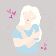 Love yourself concept, woman with albinism hugging herself, illustration in cartoon  flat style