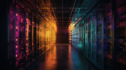 Corridor in Data Center with Servers and Supercomputers