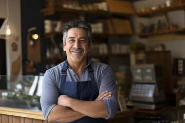 Obraz premium Portrait of happy owner of small business, generative ai