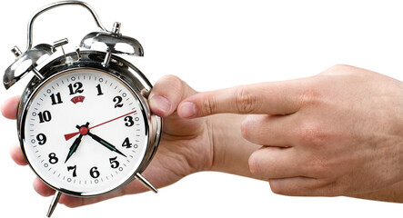 Man holding alarm clock isolated on white background