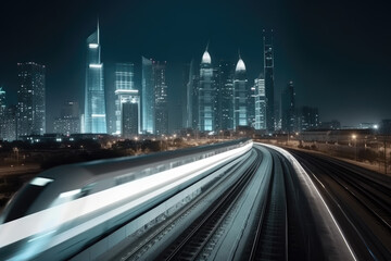 High speed train at station and blurred cityscape at night on background