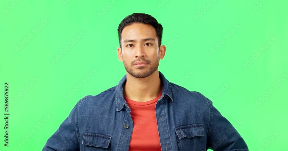 Leinwandbilder man, doubt face and shaking head with green screen feeling upset and frustrated from problem and iss