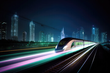 Fototapeta na wymiar High speed train at station and blurred cityscape at night on background