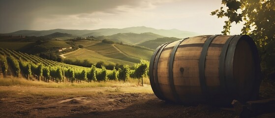 Obraz premium A Serene Vineyard with Wooden Barrel - Generative ai