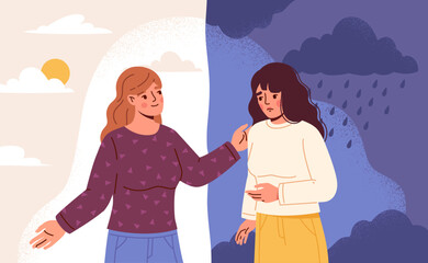 Psychological help of friend. Psychologist or caregiver shows way to new life. Improving life, getting rid of mental problems, stress and depression. Support and aid. Cartoon flat vector illustration