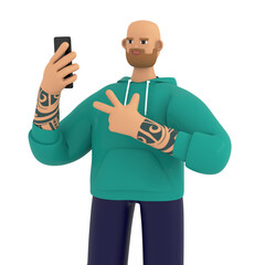 Young teenage man taking selfie, communicate with audience, posting reels online. Social media, blogging, creating content concept. 3d render illustration on color background