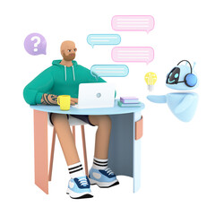 Online communication in chatbot application. Artificial intelligence assistant helping man to make right solution. Using AI and neural network concept. 3d render image.