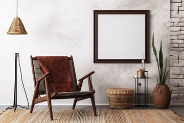 Blank picture frame on a wall in rustic interior. Artwork template mock up in interior design. View of modern boho style interior with chair and floor lamp - Generative AI