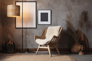 Blank picture frame on a wall in rustic interior. Artwork template mock up in interior design. View of modern boho style interior with chair and floor lamp - Generative AI