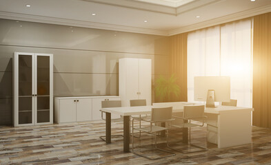 Modern office Cabinet.  3D rendering.   Meeting room. Sunset.