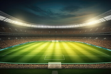Obraz na płótnie Canvas Grand stadium full of spectators expecting an evening match on the green grass field. Sport building 3D professional background illustration