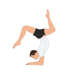 PNG Handstand With Splits Pose / Pincha Mayurasana. Man doing yoga asana posture exercise without background, isolated figure, transparent. Cartoon illustration portrait of guy practicing yoga, person