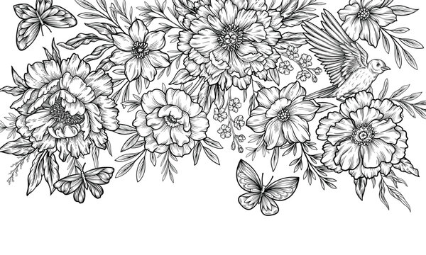 Vintage botanical background. Retro sketch with blooming peonies and flowers, birds and butterflies. Design element for engraving or wedding invitation. Linear vector illustration isolated on white