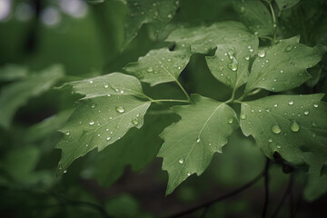 a close-up of wet textured leaves in a dewy morning in the forest. Created with Generative AI Technology