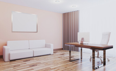 Elegant office interior. Mixed media. 3D rendering.. Mockup.   Empty paintings