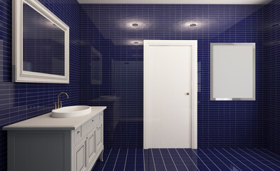 Blue bathroom: comfort and tranquility in the home environment. 3D rendering.. Empty paintings