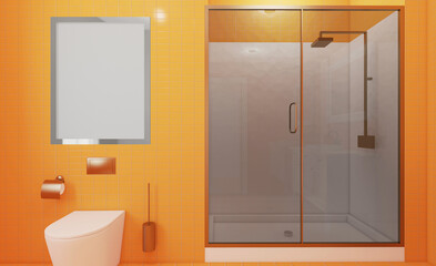 Spring freshness: cozy bathroom with yellow ceramic tiles and comfortable shower. 3D rendering.. Empty paintings