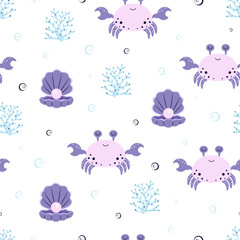 cartoon seamless pattern with crabs and shells