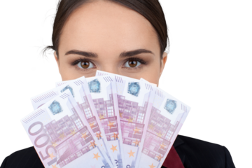 Young woman with money isolated on white