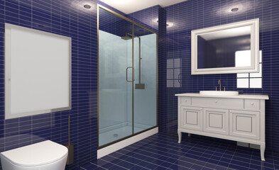 Modern bathroom: unique design with bright blue ceramic tiles. 3D rendering.. Empty paintings