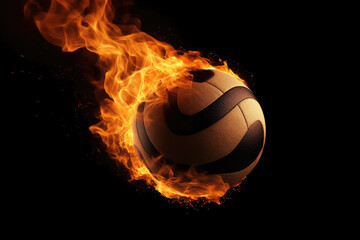 Fototapeta premium Flying volleyball ball in burning flames close up on dark brown background. Classical sport equipment as conceptual 3D illustration