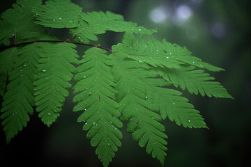 Fototapeta premium a close-up of wet textured leaves in a dewy morning in the forest. Created with Generative AI Technology