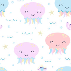 vector seamless pattern with jellyfishes and seaweed