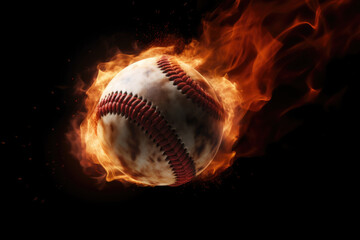 Flying baseball ball in burning flames close up on dark brown background. Classical sport equipment as conceptual 3D illustration