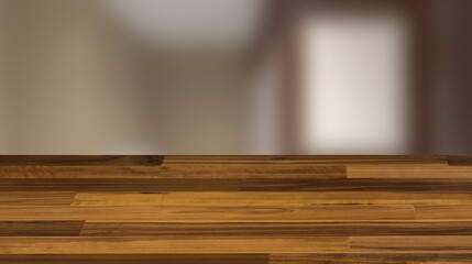 Contemporary interior of public toilet. 3D rendering., Background with empty wooden table. Flooring.