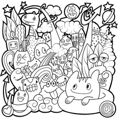 Fototapeta premium Hand-drawn illustrations, monsters doodle, Hand Drawn cartoon monster illustration,Cartoon crowd doodle hand-drawn Doodle style.black and white stripes coloring book.