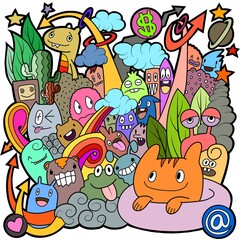 Hand-drawn illustrations, monsters doodle, Hand Drawn cartoon monster illustration,Cartoon crowd doodle hand-drawn Doodle style.